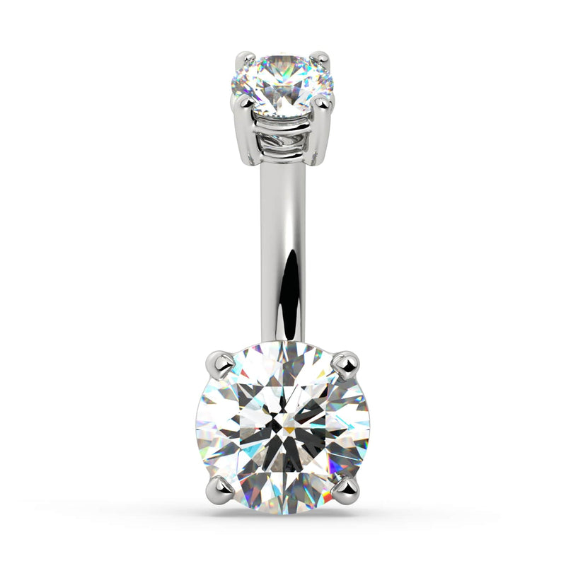 14k white gold diamond belly ring with dual round brilliant diamonds in four-prong settings, front view