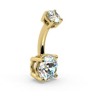 14k yellow gold .95 CTW diamond belly ring, opposite side angle highlighting barbell curve and prong detail