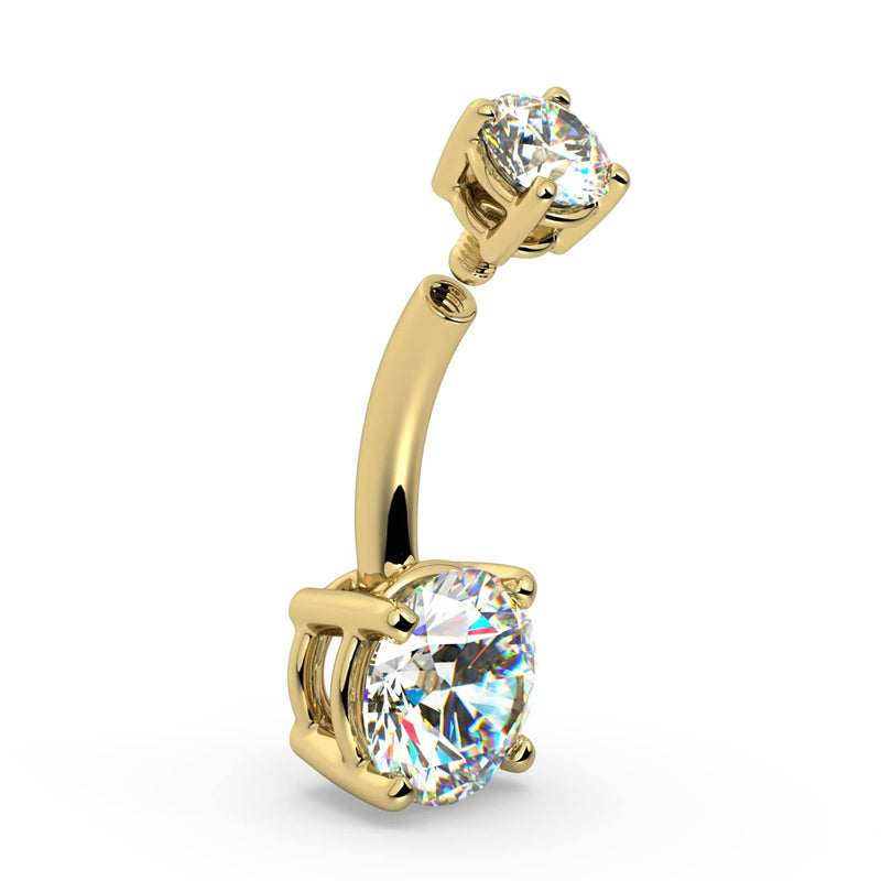 14k yellow gold diamond navel ring, angled side view showing curved barbell and four-prong diamond settings