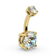 14k yellow gold diamond belly ring with round brilliant stones, angled side view