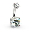 14k white gold diamond navel ring angled view showing 4-prong bottom setting detail