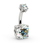 14k white gold diamond navel ring angled view showing 4-prong bottom setting detail