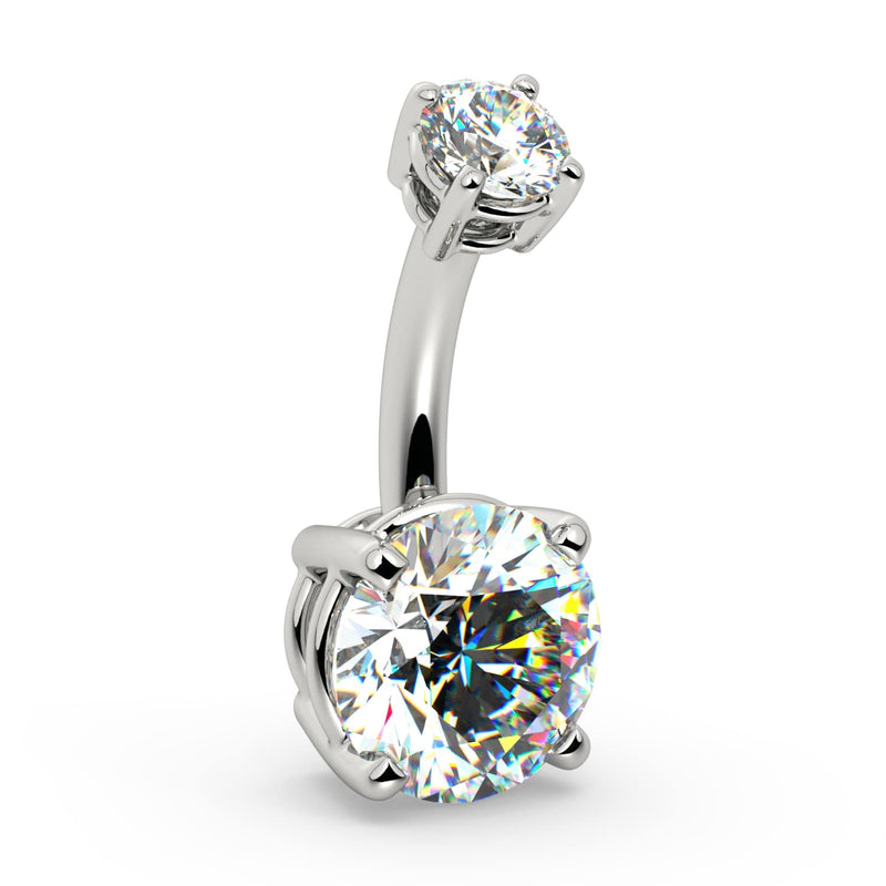 14k white gold diamond navel ring angled view showing 4-prong bottom setting detail