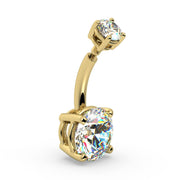 Side profile of 14k yellow gold diamond belly ring showing curved barbell and prong settings