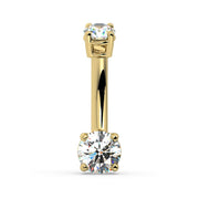 14k yellow gold diamond navel ring with dual round diamonds in prong settings, front view