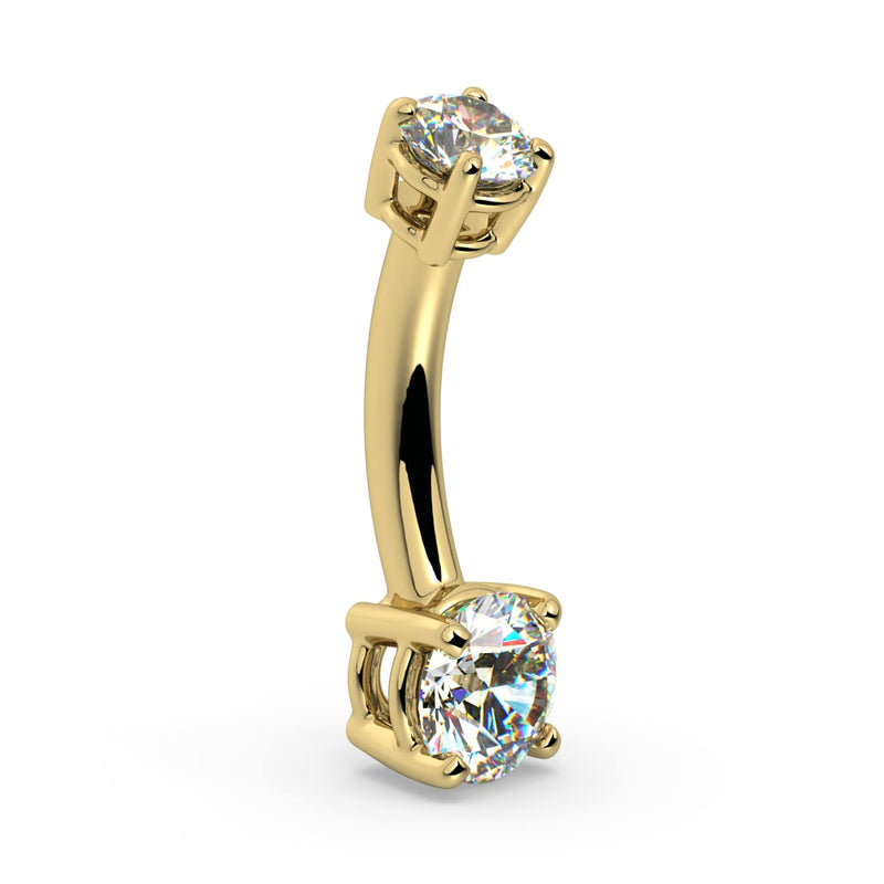 Angled side view of 14k yellow gold diamond belly ring showing curved barbell profile