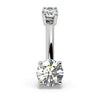 14k white gold diamond belly ring with 5mm round bottom diamond and 3mm top stone, front view