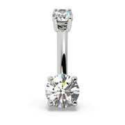 14k white gold diamond belly ring with 5mm round bottom diamond and 3mm top stone, front view