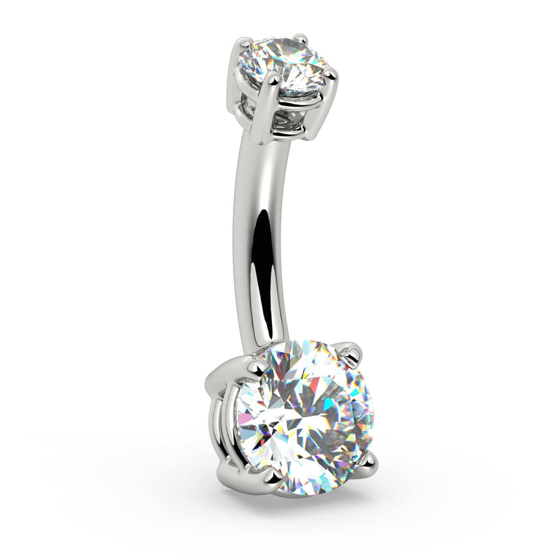 Side profile of 14k white gold .60 CTW diamond belly ring showing curved barbell and prong settings