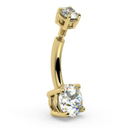 Close-up side angle of 14k yellow gold diamond belly ring showing internally threaded top post detail