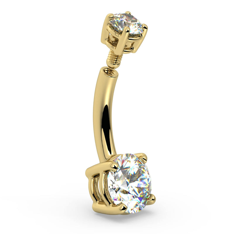 Close-up side angle of 14k yellow gold diamond belly ring showing internally threaded top post detail