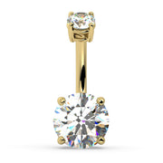 14k yellow gold diamond belly ring, straight front view with 4-prong top and bottom diamond settings