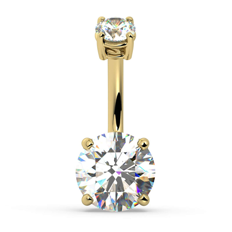 14k yellow gold diamond belly ring, straight front view with 4-prong top and bottom diamond settings