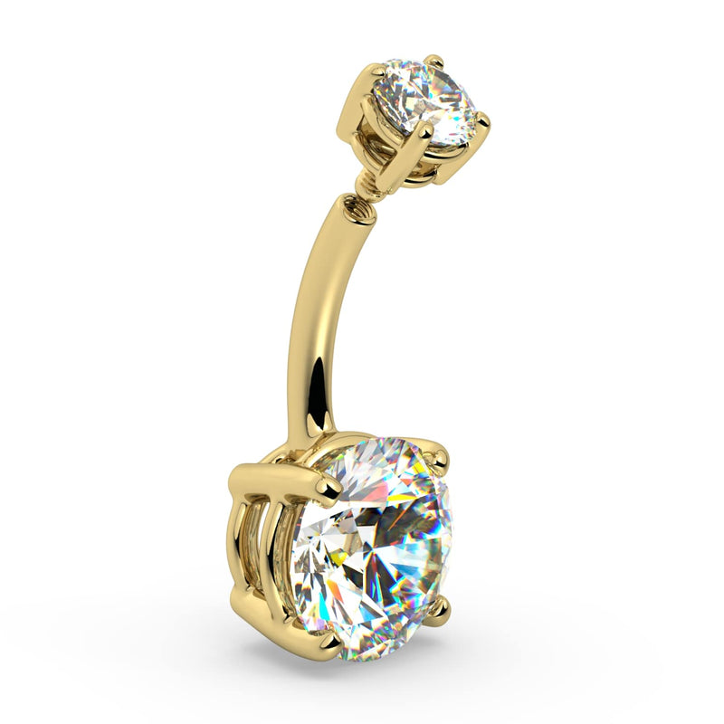 14k yellow gold diamond belly ring angled view showing prong basket detail and barbell curvature