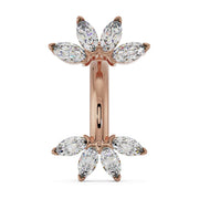 14k rose gold marquise fan belly ring with clear CZ marquise-cut fan charms, front view