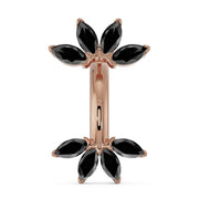 14k rose gold marquise fan belly ring with black diamond marquise stones, front view