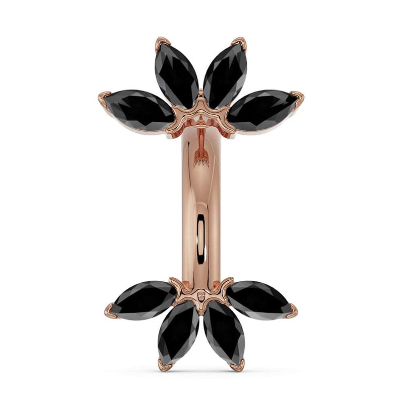 14k rose gold marquise fan belly ring with black diamond marquise stones, front view