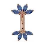 14k rose gold marquise fan navel ring with blue sapphire marquise gemstones, front view