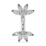 14k white gold marquise fan belly ring with sparkling clear CZ fan charms, front view