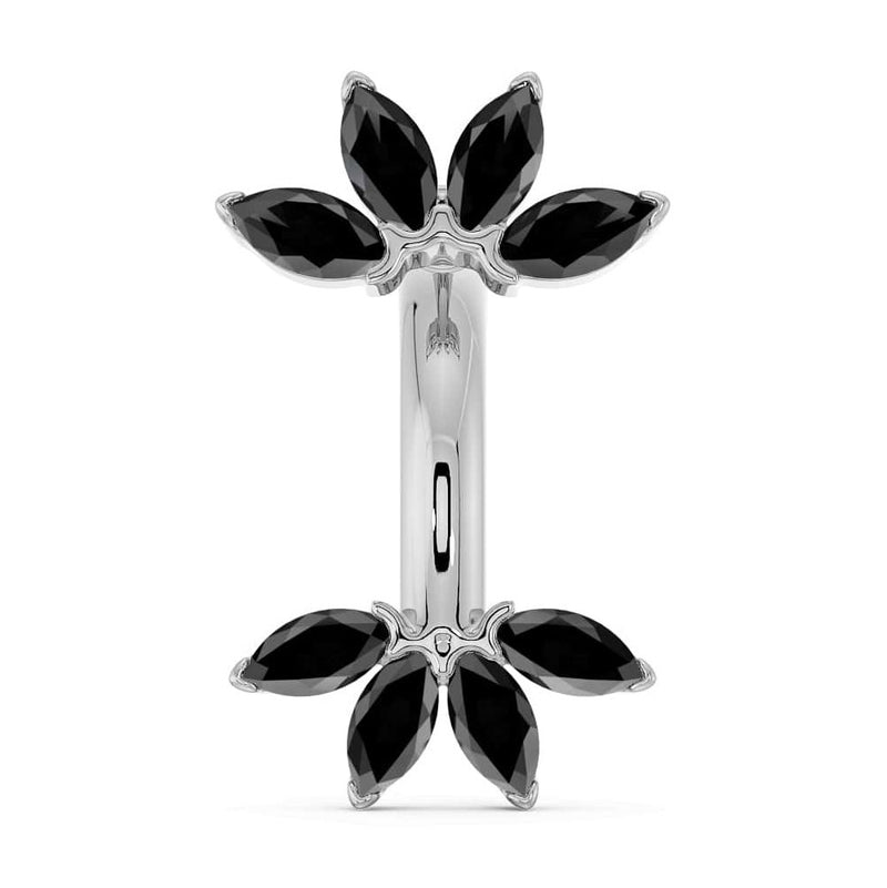 14k white gold marquise fan belly ring with black diamond marquise stones, front view