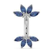 14k white gold marquise fan navel ring with blue sapphire marquise gemstones, front view