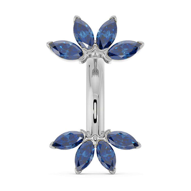 14k white gold marquise fan navel ring with blue sapphire marquise gemstones, front view