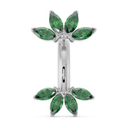 14k white gold marquise fan navel ring with green emerald marquise gemstones, front view