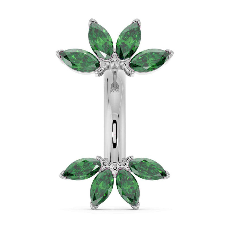14k white gold marquise fan navel ring with green emerald marquise gemstones, front view