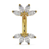 14k yellow gold marquise fan belly ring with clear CZ fan charms, front view