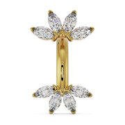14k yellow gold marquise fan belly ring with clear CZ fan charms, front view