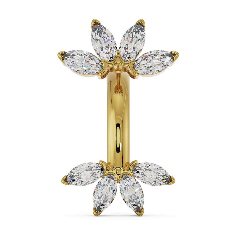 14k yellow gold marquise fan belly ring with clear CZ fan charms, front view