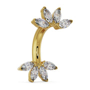 Side profile of 14k yellow gold marquise fan belly ring showing curved barbell shape