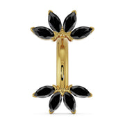 14k yellow gold marquise fan navel ring with bold black diamond marquise stones, front view