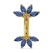 14k yellow gold marquise fan navel ring with blue sapphire marquise-cut gemstones, front view