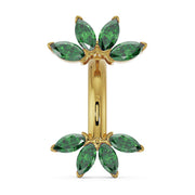 14k yellow gold marquise fan belly ring with vibrant green emerald marquise gemstones, front view
