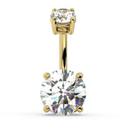 14k yellow gold GIA diamond navel ring with dual prong-set round diamonds, front view