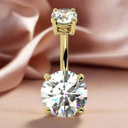 14k yellow gold diamond belly ring front view against soft satin fabric background