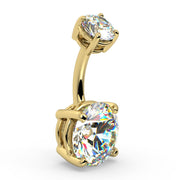 14k yellow gold GIA diamond belly ring angled view highlighting 4-prong setting and barbell curve