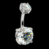 14k white gold diamond navel ring angled against black background, emphasizing diamond brilliance