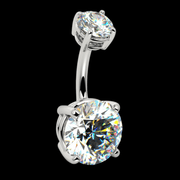 14k white gold diamond navel ring angled against black background, emphasizing diamond brilliance