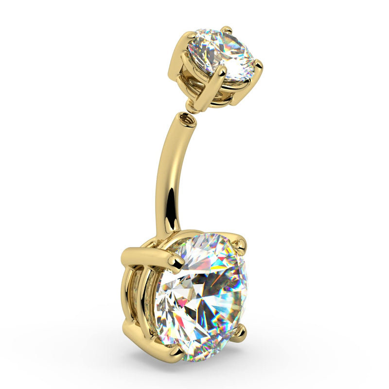 14k yellow gold GIA diamond belly ring with 9mm round brilliant diamond, angled side view