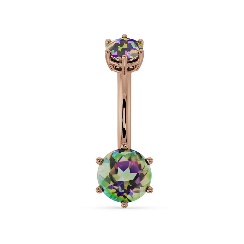 14k rose gold belly ring with dual mystic topaz gems showing multicolor flash, front view