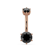 14k rose gold belly ring with dual natural black onyx gems in six-prong settings, front view