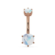 14k rose gold navel ring with dual moonstone gems in six-prong settings, front view