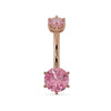 14k rose gold navel ring with dual pink mystic topaz gems in six-prong settings, front view