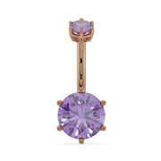 14k rose gold navel ring with 8mm round amethyst in six-prong setting, front view