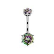 14k white gold belly ring with dual mystic topaz gems in prong settings, front view