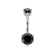 14k white gold belly ring with dual natural black onyx gems in six-prong settings, front view