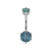 14k white gold navel ring with dual blue topaz gems in six-prong settings, front view