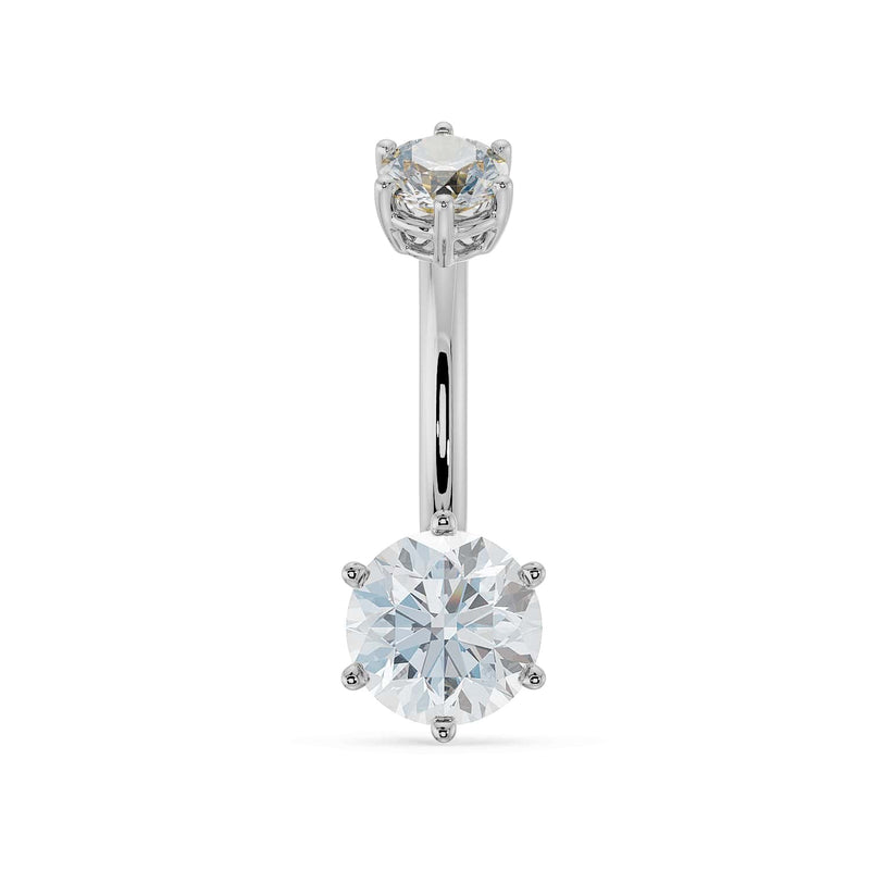 14k white gold belly ring with dual moissanite gems, front view highlighting brilliant-cut stone facets